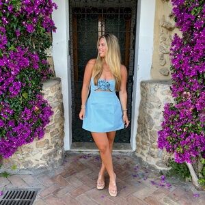 Yojani blue mini dress with flower appliqué. Worn once. Size US 8